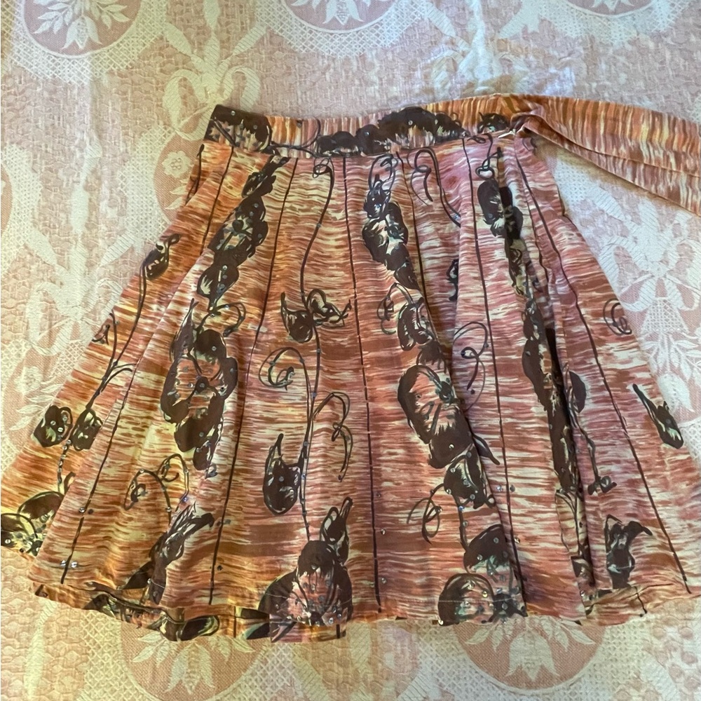 Anthropologie Odile Retro Brown and Coral Sequined Skirt size 8.